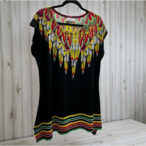 Serengeti Blouse Women's Size Large Feather Neckline Print Striped Detail